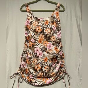 Lands' End Tropical Floral Women's One Piece Swimsuit Ruched Tankini over suit